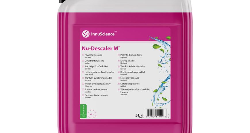 Desincrustante mineral potente y de baja toxicidad   Desincrustante mineral eficaz sin vapores tóxicos.   Nu-Descaler M es un desincrustante potente y altamente efectivo, específicamente formulado para eliminar depósitos minerales, manchas de agua dura y residuos de jabón, sin la alta toxicidad ni los vapores tóxicos de los ácidos tradicionales. Esta solución ecológica actúa eficazmente para eliminar las acumulaciones difíciles, garantizando la seguridad del usuario gracias a su bajo contenido en COV y la ausencia de productos químicos agresivos.   Ideal para entornos con depósitos minerales pesados, Nu-Descaler M es biodegradable, no contiene cloro, amoníaco ni fosfatos, y no contiene fragancias sintéticas ni disolventes agresivos. Experimente una desincrustante de alto rendimiento y más segura para el medio ambiente.  